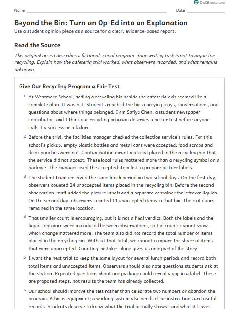 Beyond the Bin: Turn an Op-Ed into an Explanation worksheet preview