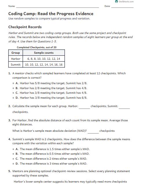 Coding Camp: Read the Progress Evidence worksheet preview