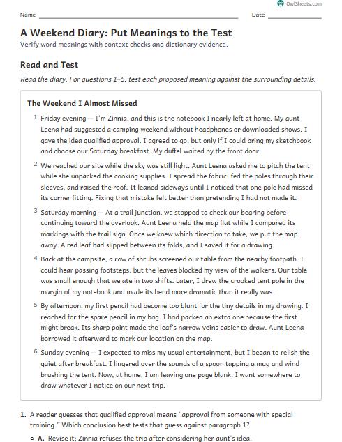 A Weekend Diary: Put Meanings to the Test worksheet preview