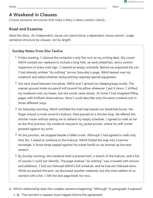 A Weekend in Clauses worksheet preview