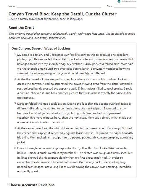 Canyon Travel Blog: Keep the Detail, Cut the Clutter worksheet preview