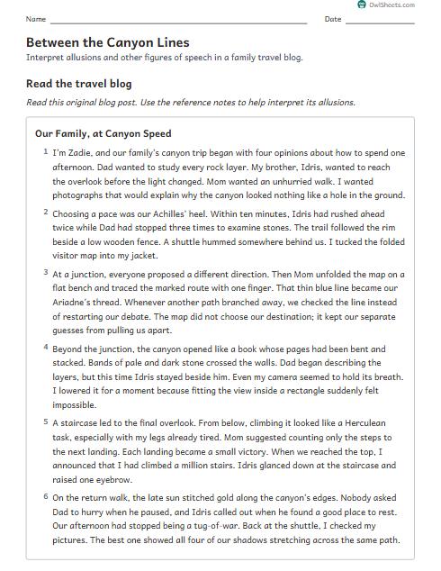 Between the Canyon Lines worksheet preview