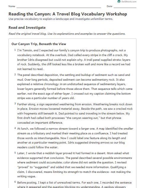 Reading the Canyon: A Travel Blog Vocabulary Workshop worksheet preview