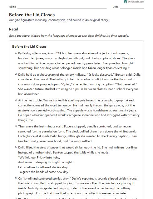 Before the Lid Closes worksheet preview