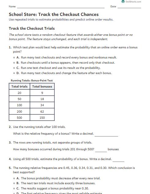 School Store: Track the Checkout Chances worksheet preview
