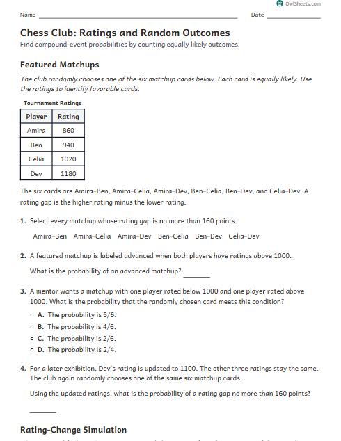 Chess Club: Ratings and Random Outcomes worksheet preview
