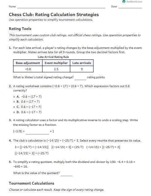 Chess Club: Rating Calculation Strategies worksheet preview