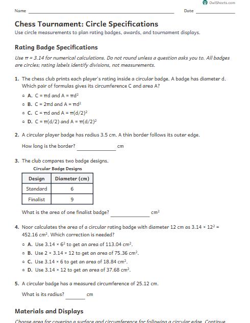 Chess Tournament: Circle Specifications worksheet preview