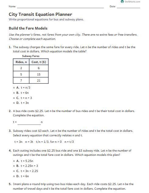 City Transit Equation Planner worksheet preview