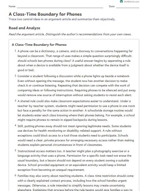 A Class-Time Boundary for Phones worksheet preview