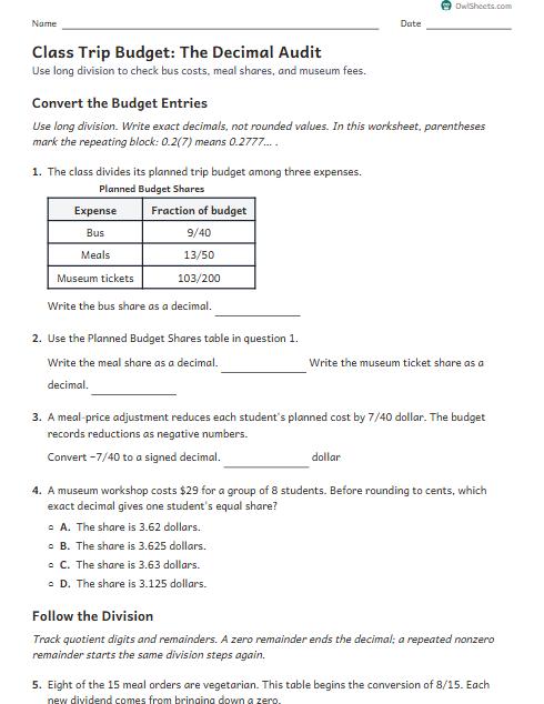 Class Trip Budget: The Decimal Audit worksheet preview