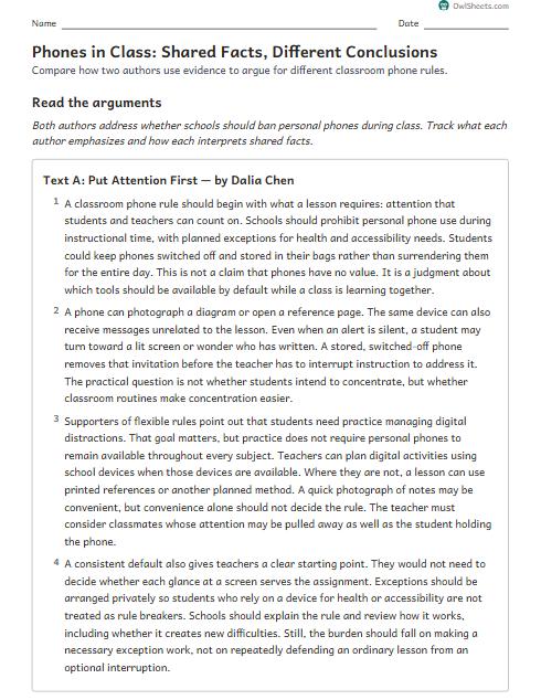 Phones in Class: Shared Facts, Different Conclusions worksheet preview