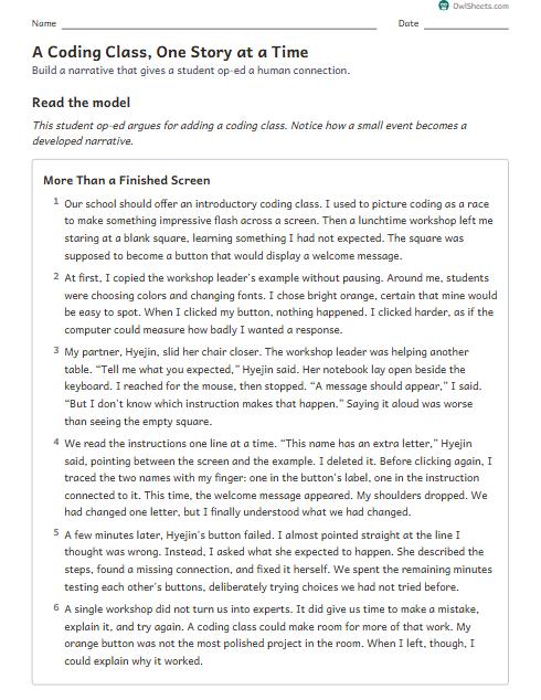 A Coding Class, One Story at a Time worksheet preview