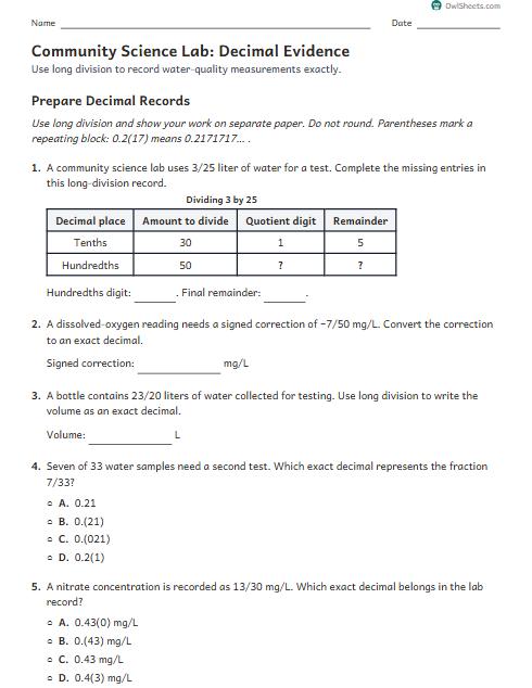 Community Science Lab: Decimal Evidence worksheet preview