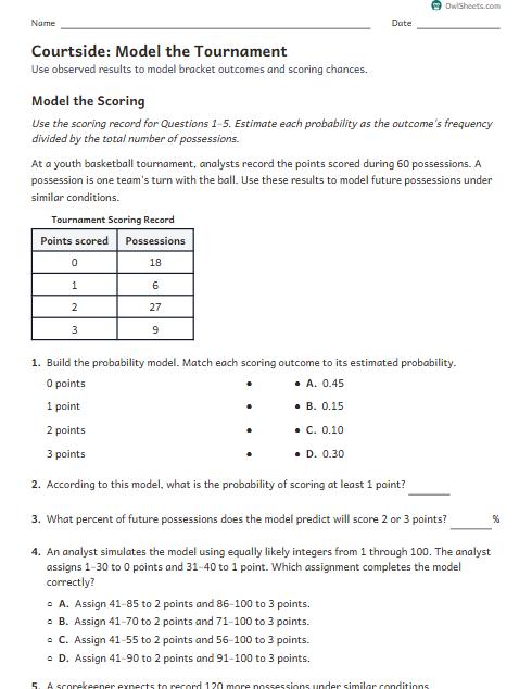 Courtside: Model the Tournament worksheet preview