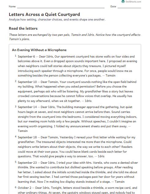 Letters Across a Quiet Courtyard worksheet preview