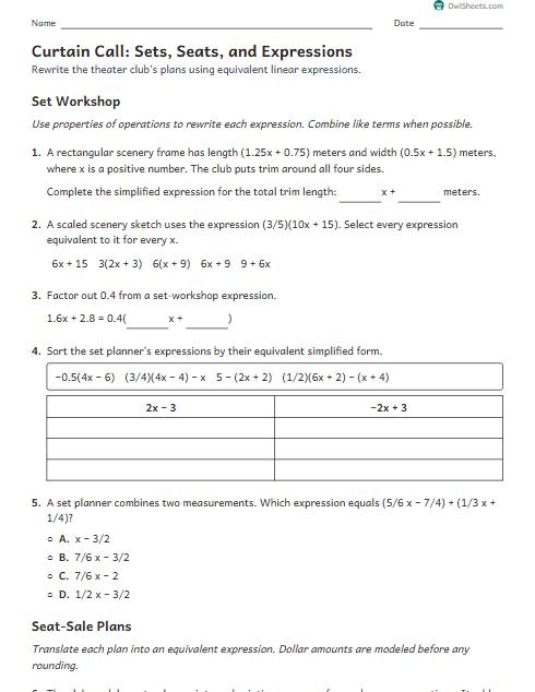 Curtain Call: Sets, Seats, and Expressions worksheet preview