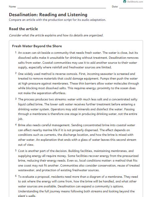 Desalination: Reading and Listening worksheet preview