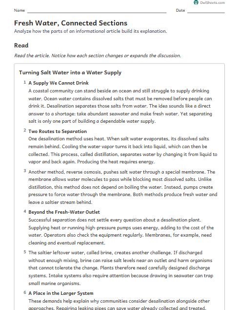 Fresh Water, Connected Sections worksheet preview