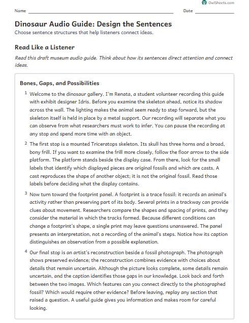 Dinosaur Audio Guide: Design the Sentences worksheet preview