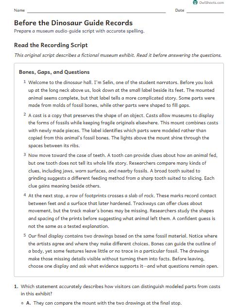 Before the Dinosaur Guide Records worksheet preview