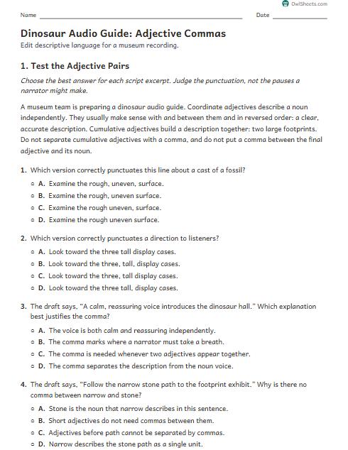 Dinosaur Audio Guide: Adjective Commas worksheet preview