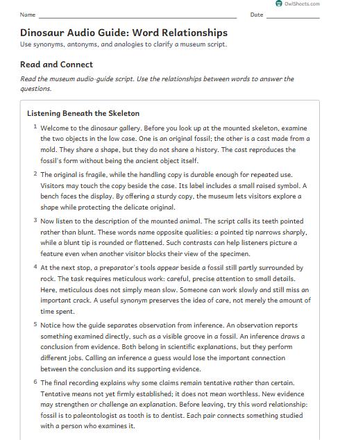 Dinosaur Audio Guide: Word Relationships worksheet preview
