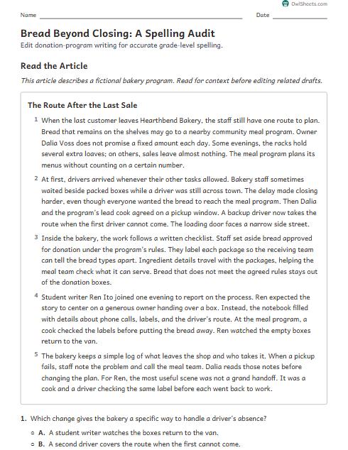 Bread Beyond Closing: A Spelling Audit worksheet preview