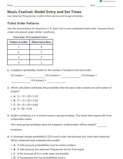 Music Festival: Model Entry and Set Times worksheet preview