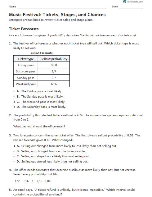 Music Festival: Tickets, Stages, and Chances worksheet preview