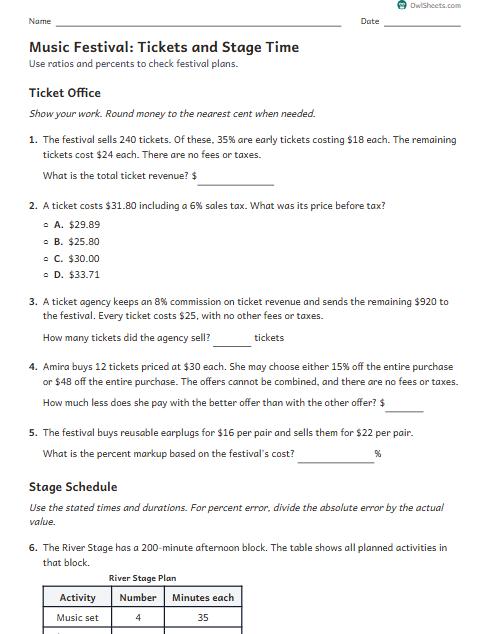 Music Festival: Tickets and Stage Time worksheet preview