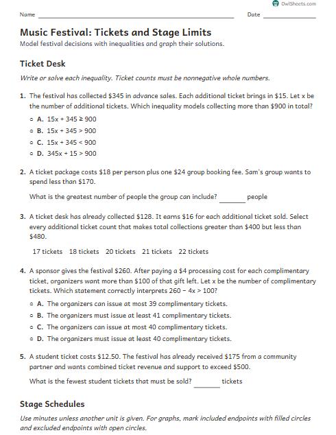 Music Festival: Tickets and Stage Limits worksheet preview