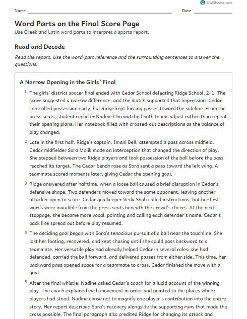 Word Parts on the Final Score Page worksheet preview
