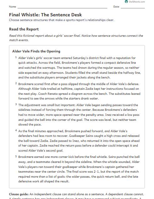 Final Whistle: The Sentence Desk worksheet preview