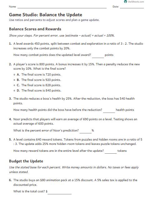 Game Studio: Balance the Update worksheet preview