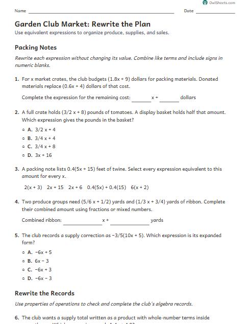Garden Club Market: Rewrite the Plan worksheet preview