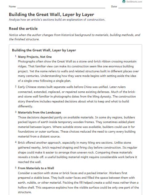 Building the Great Wall, Layer by Layer worksheet preview