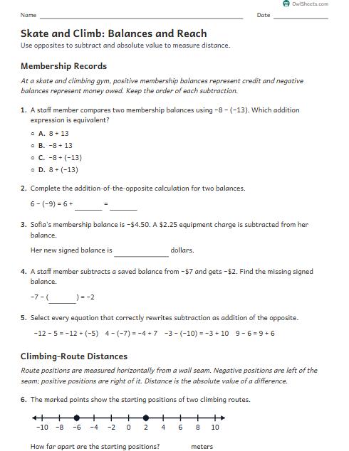Skate and Climb: Balances and Reach worksheet preview
