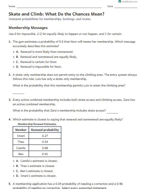 Skate and Climb: What Do the Chances Mean? worksheet preview