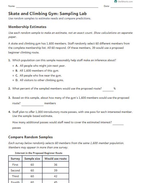 Skate and Climbing Gym: Sampling Lab worksheet preview