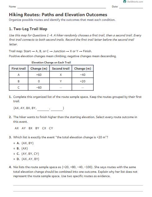 Hiking Routes: Paths and Elevation Outcomes worksheet preview