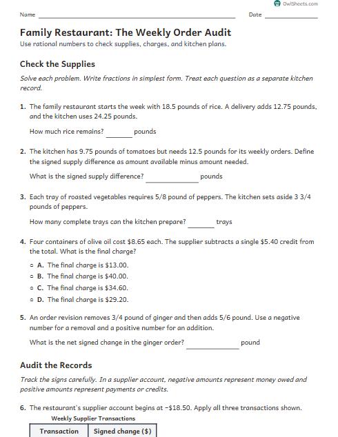 Family Restaurant: The Weekly Order Audit worksheet preview