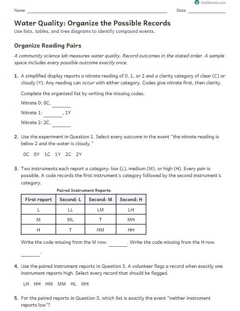 Water Quality: Organize the Possible Records worksheet preview