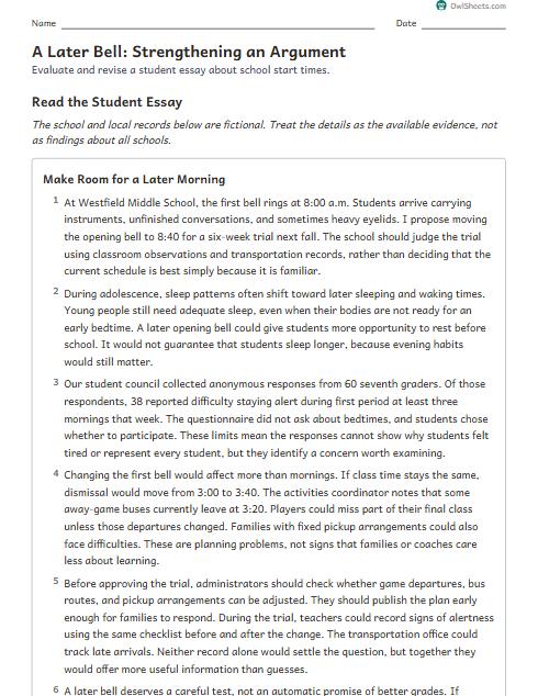 A Later Bell: Strengthening an Argument worksheet preview