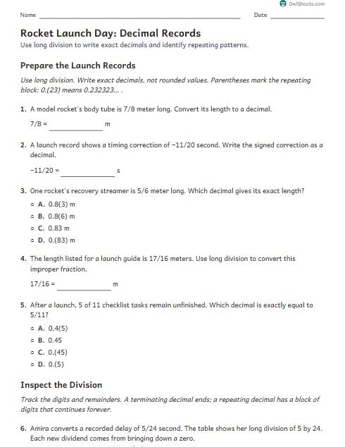 Rocket Launch Day: Decimal Records worksheet preview
