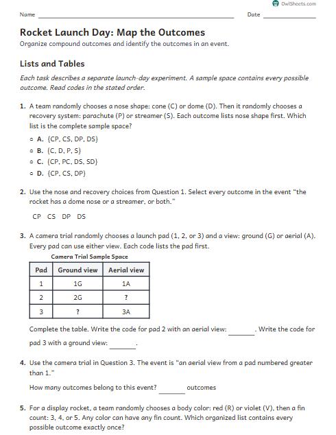 Rocket Launch Day: Map the Outcomes worksheet preview