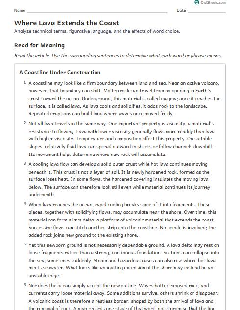 Where Lava Extends the Coast worksheet preview