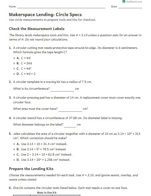 Makerspace Lending: Circle Specs worksheet preview