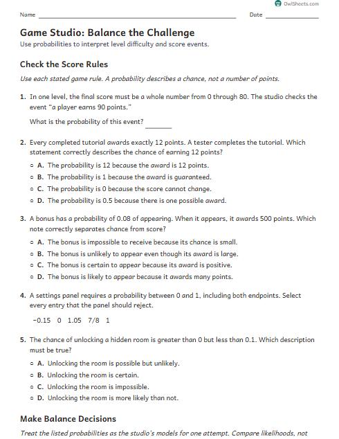 Game Studio: Balance the Challenge worksheet preview