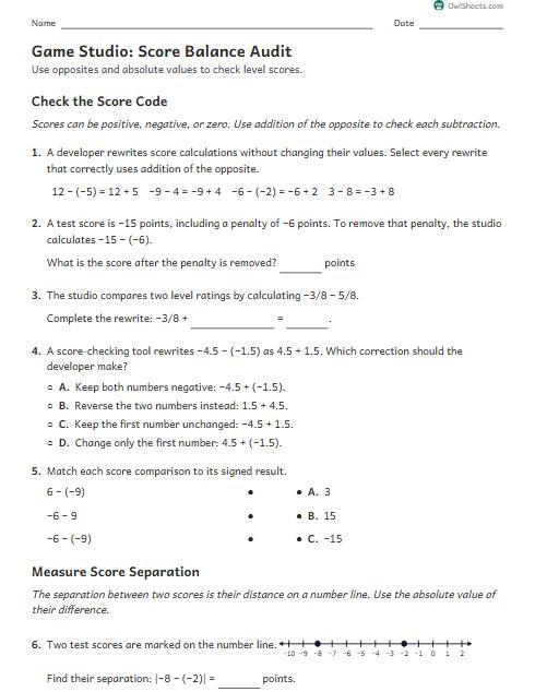 Game Studio: Score Balance Audit worksheet preview